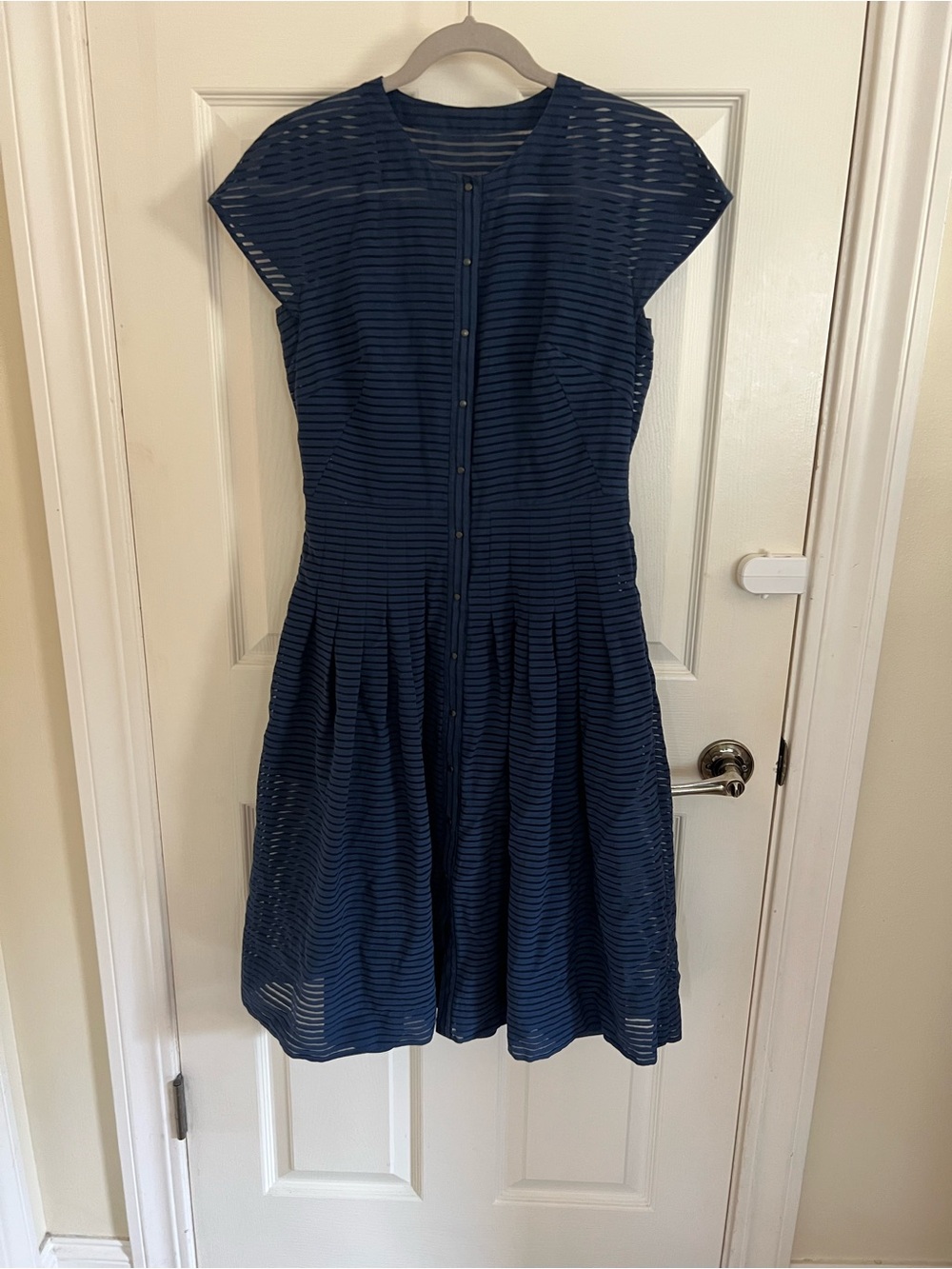 Akris Punto Navy Striped Fit-and-Flare Midi Dress
